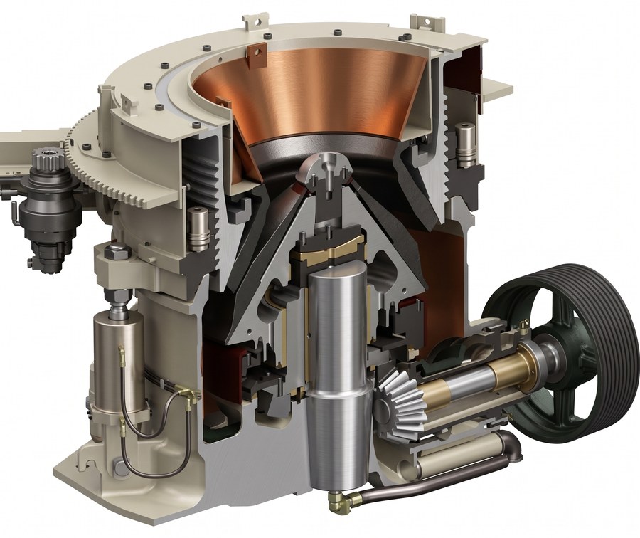 Cut-away view of a cone crusher showing mantle, bowl liner, eccentric assembly and countershaft drive
