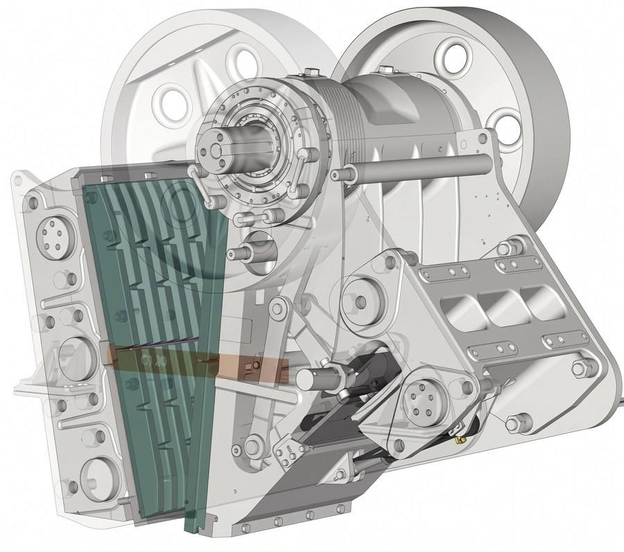 Transparent view of a jaw crusher showing jaw plates, flywheels, eccentric shaft and toggle assembly