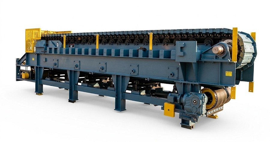 Assembled apron feeder with drive unit, chain, pans and structural frame