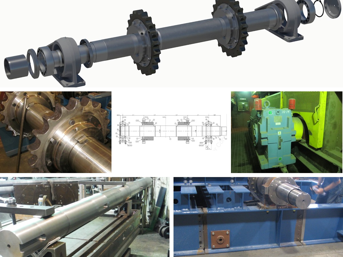Engineering drawing, 3D model, machined shafts with sprockets and assembled drive components supplied by STechMining
